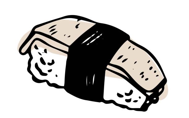 illustrations, cliparts, dessins animés et icônes de calmar vecteur unique sushi nigiri dessiné à la main doodle style vue latérale isolé sur fond blanc - sushi nigiri white background red