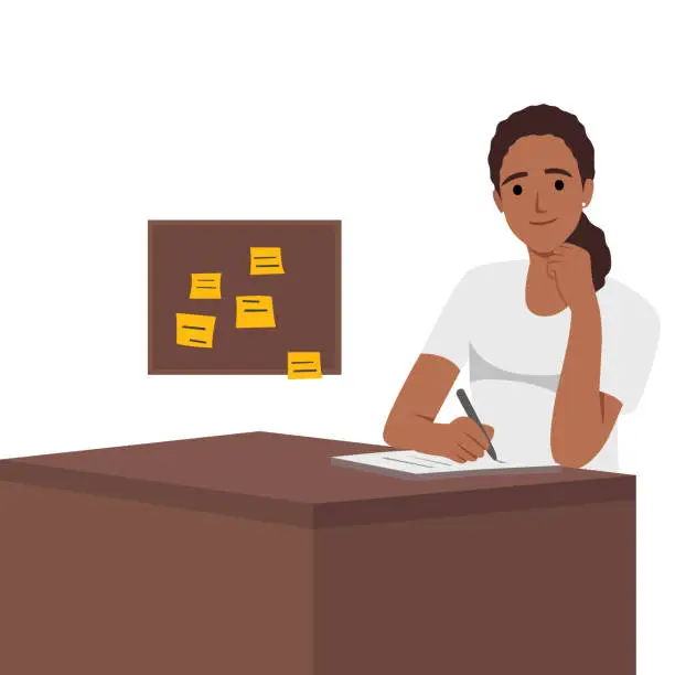 Vector illustration of Student girl at the desk writing for her homework. Back to school. Studying on the table.