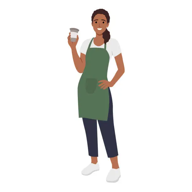 Vector illustration of Young smiling woman barista cartoon character working at cafeteria standing and smiling holding coffee for clients.