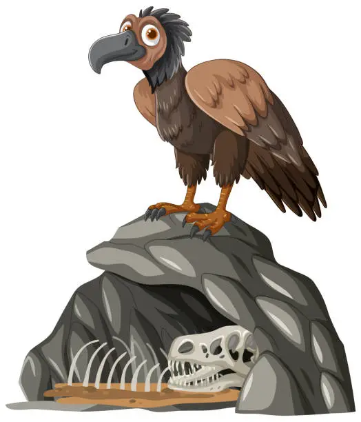Vector illustration of Cartoon vulture standing on rocks with animal bones