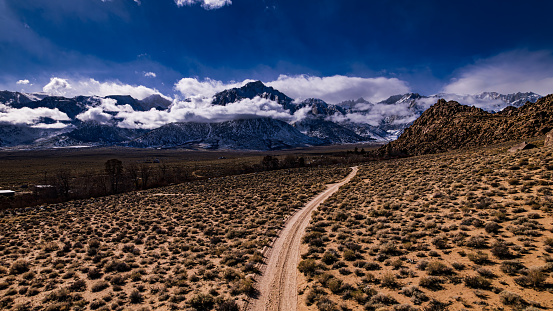 Alabama Hills, California. Looking west. Shot with a DJi Mavic Air 2S drone after the atmospheric river dumping in 2024.