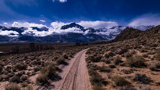 Looking west on the Shark Fin trail in Alabama Hills, California. Shot with a DJI Mavic Air 2S drone