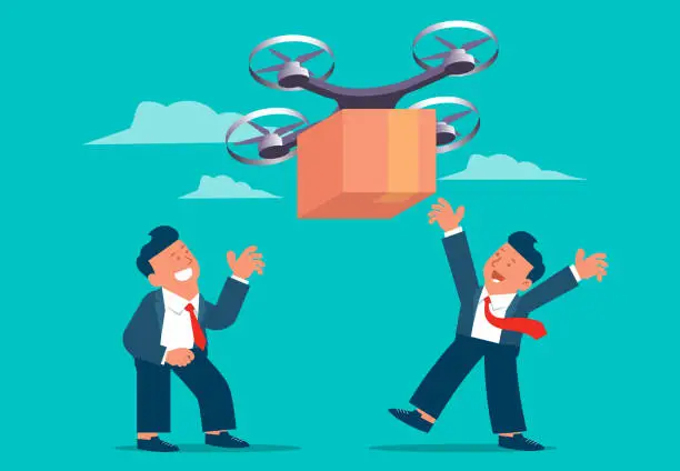 Vector illustration of Intelligent courier delivery, internet shopping, fast and on-time courier delivery, product sourcing and management, drone suspended courier boxes delivered to ordering businessmen