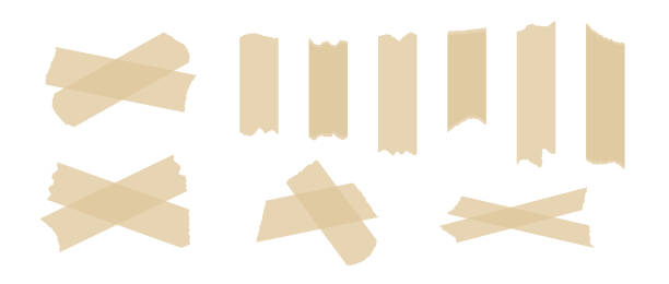 istock Beige adhesive tape piece set. Crossed scotch stripes with torn jagged edges. Plastic duct tape band collection. Sticky masking paper for package wrap, blank tag, label, sticker, collage. Vector pack 2139745507