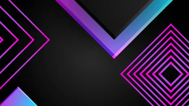 Vector illustration of Modern blue and pink gradient colours geometric triangle and square shape on dark black abstract background