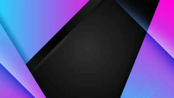 Vector illustration of Modern blue and pink gradient colours geometric triangle and square shape on dark black abstract background