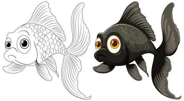 Vector illustration of Black and white sketch beside colored goldfish