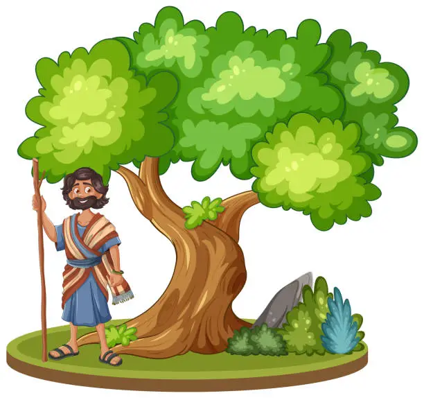 Vector illustration of Cartoon of a man leaning on a tree with staff