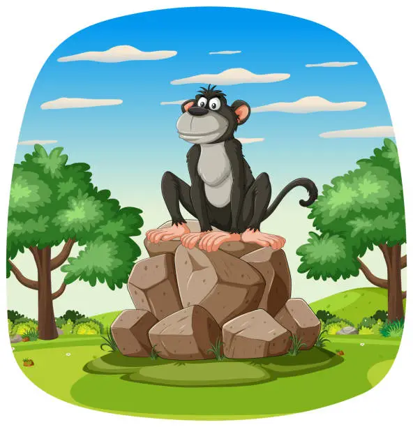 Vector illustration of Cartoon monkey on rocks in a green landscape