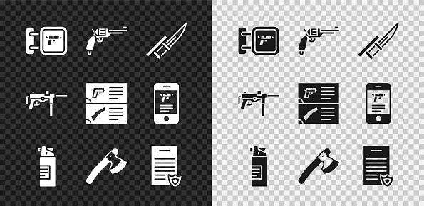 Set Hunting shop weapon Revolver gun Bayonet rifle Weapons oil bottle Wooden axe Firearms license certificate Submachine M3 and catalog icon. Vector.