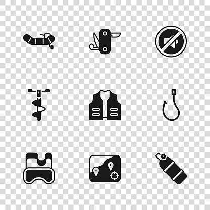 Set Location fishing Fishing hook Aqualung jacket Speaker mute Inflatable boat with motor Swiss army knife and Hand ice drill icon. Vector.