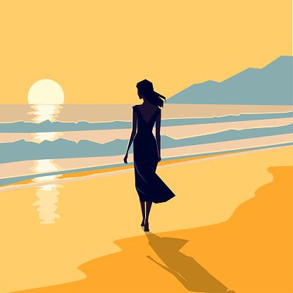 Elegant lady walking by the seaside at sunrise or sunset, with the shimmering waves and calm sea breeze lifting her long hair, in minimalist vector illustration style