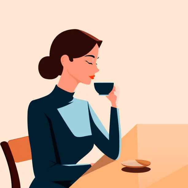 Vector illustration of Beautiful lady savoring the aroma of coffee while enjoying a leisurely afternoon, in minimalist vector illustration style