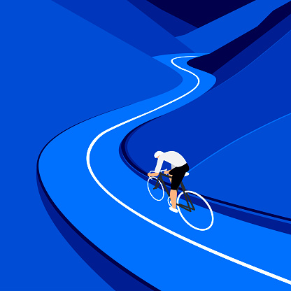 Cyclist riding a bicycle swiftly along a mountain road, in minimalist vector illustration style.