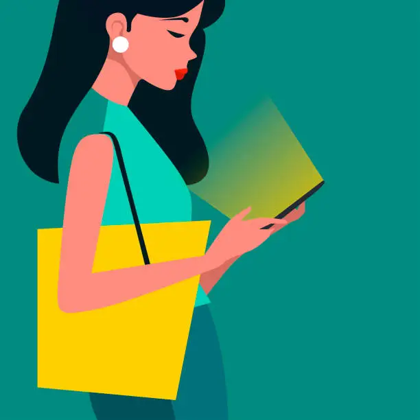 Vector illustration of Stylish girl with long hair, carrying a yellow bag, staring at her phone intently, in minimalist vector illustration style.