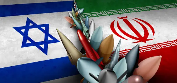 Iran Israel Military Crisis and armed confrontation or Israeli Iranian proxy war conflict with two opposing governments in a dispute as a persian gulf and armed middle east.