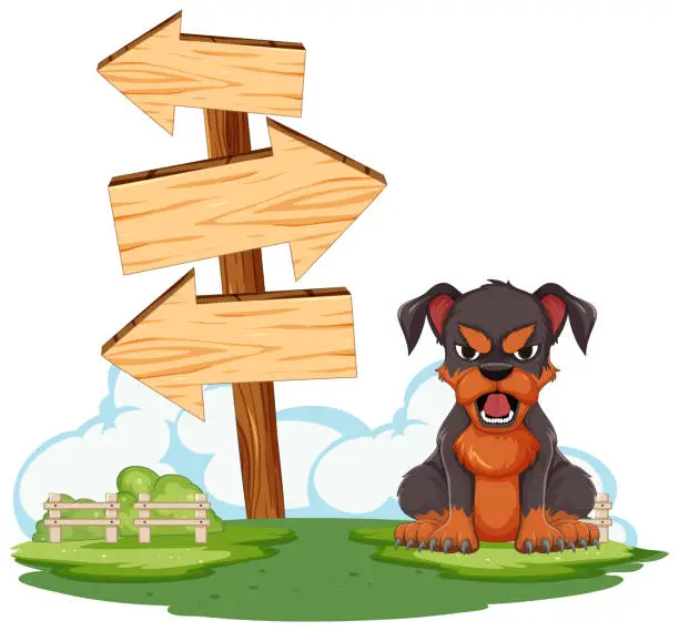 Vector illustration of Cartoon dog sitting by directional wooden signs