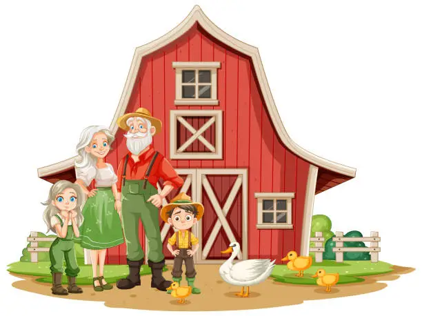 Vector illustration of Illustration of a family with animals at a barn