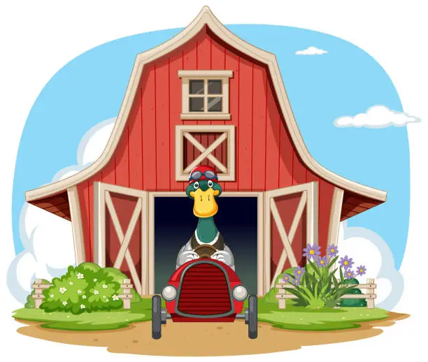 Vector illustration of Cartoon duck in overalls by a red barn and car.