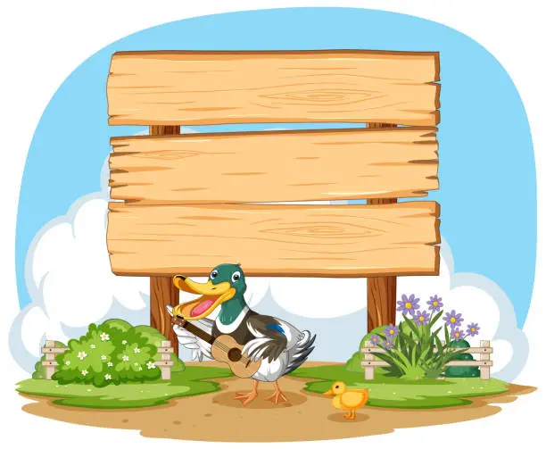 Vector illustration of Cartoon duck with duckling near a blank sign.