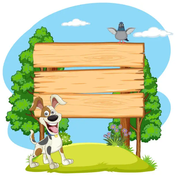 Vector illustration of Cartoon dog and bird beside an empty wooden sign.