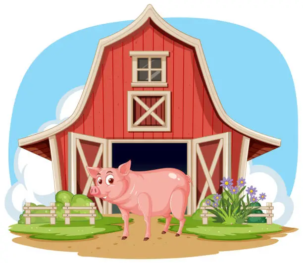 Vector illustration of Vector illustration of a pig near a barn.