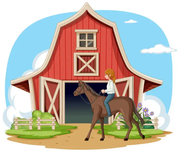 Vector illustration of Illustration of person riding horse near barn