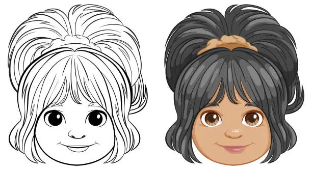 Vector illustration of Black and white and colored cartoon girl illustrations.