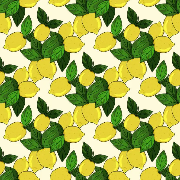 Vector illustration of Tropical seamless background with yellow lemons