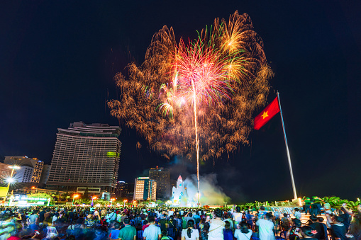 Beautiful fireworks on 2nd April Square and Tram Huong tower of Nha Trang city - Khanh Hoa province, central Vietnam