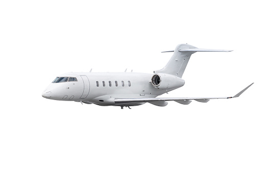Modern executive jet plane flying isolated on white background