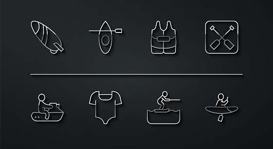 Set line Surfboard Jet ski Paddle Water skiing man Swimsuit Kayak and paddle and Life jacket icon. Vector.