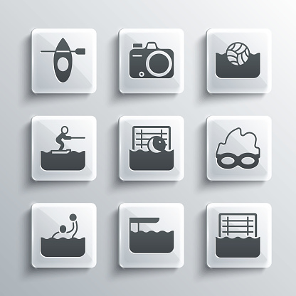 Set Diving board or springboard Water polo Glasses for swimming skiing man Kayak and paddle and icon. Vector.