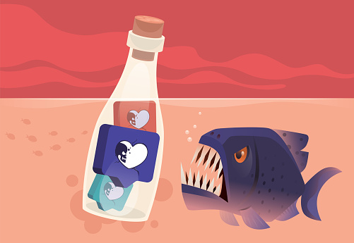 vector illustration of skull with like icon in bottle floating with angry fish