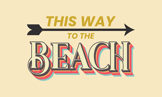 This Way To The Beach. Retro Style This Way To The Beach Sign, Sticker, Label, Vector