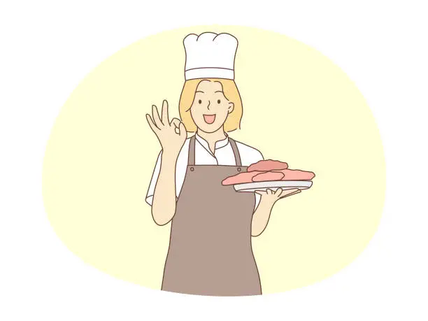Vector illustration of illustration of female chef declaring delicious food