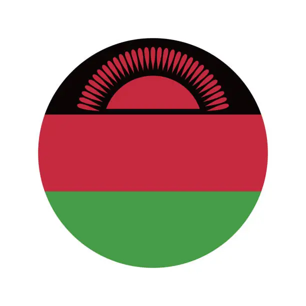 Vector illustration of Malawi circle flag. Circle icon flag. Standard color. Button flag icon. Digital illustration. Computer illustration. Vector illustration.