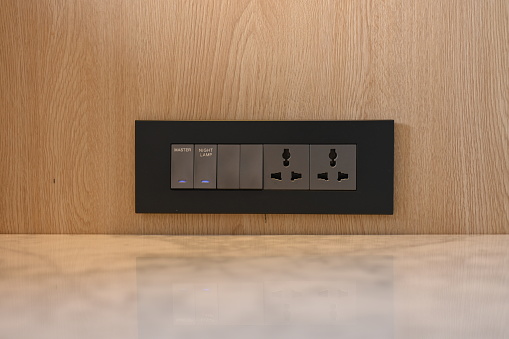 Socket and button on the wooden wall