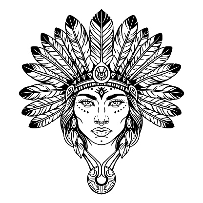 head of a young woman in a traditional American Indian headdress. black and white outline illustration, coloring page