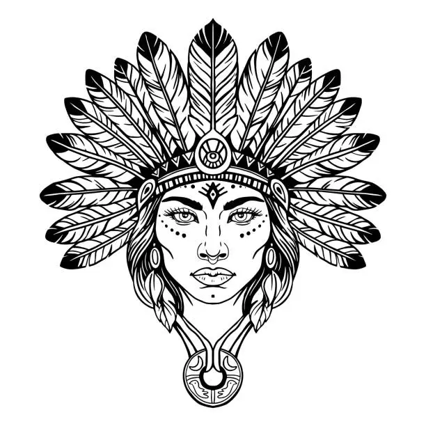 Vector illustration of head of a young woman wearing a traditional American Indian headdress