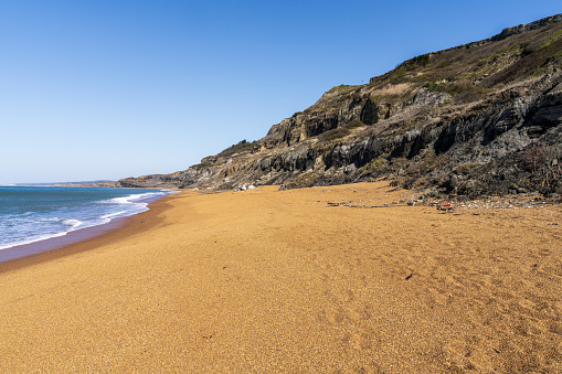 Stock photograph of Whitepark Bay Beach near Ballintoy, Causeway Coast, Northern Ireland, UK on a sunny day.