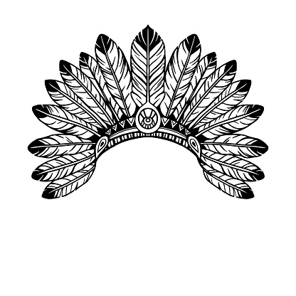 Traditional American Indian Headdress, Hand Drawn Outline Illustration, Black and White Design on White