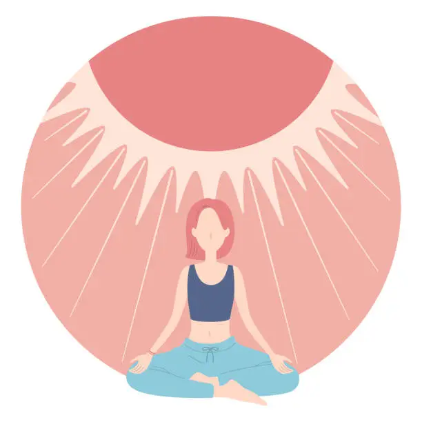 Vector illustration of Vector illustration of a woman engaging in mindfulness meditation with the sun.