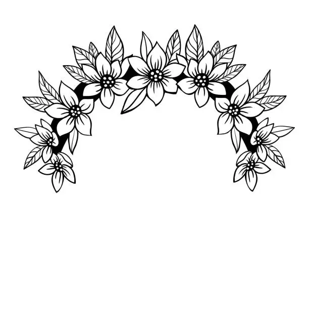 Vector illustration of wreath of flowers, hair accessory, hand drawn, monochrome illustration