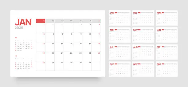 Vector illustration of Monthly calendar for 2025 year. Starts on Sunday.