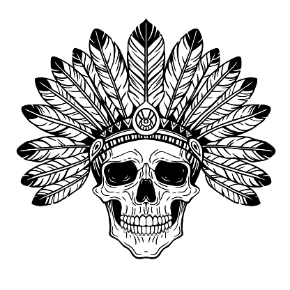 skull in traditional American Indian headdress, hand drawn monochrome illustration, coloring page