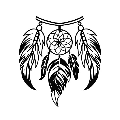 neck decoration in the form of a dream catcher, hand drawn monochrome illustration