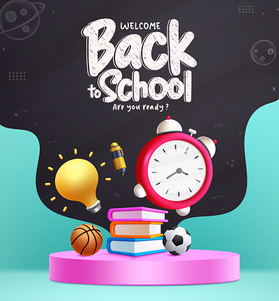 School podium vector banner design. Welcome back to school greeting text with 3d books, alarm clock, ball and ballpen elements for educational product display template. Vector illustration school promotion banner.