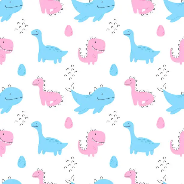 Vector illustration of Seamless pattern with cute dinosaurs. Kids pattern with dino.