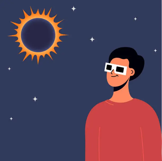 Vector illustration of Woman wearing safety glasses watch a solar eclipse